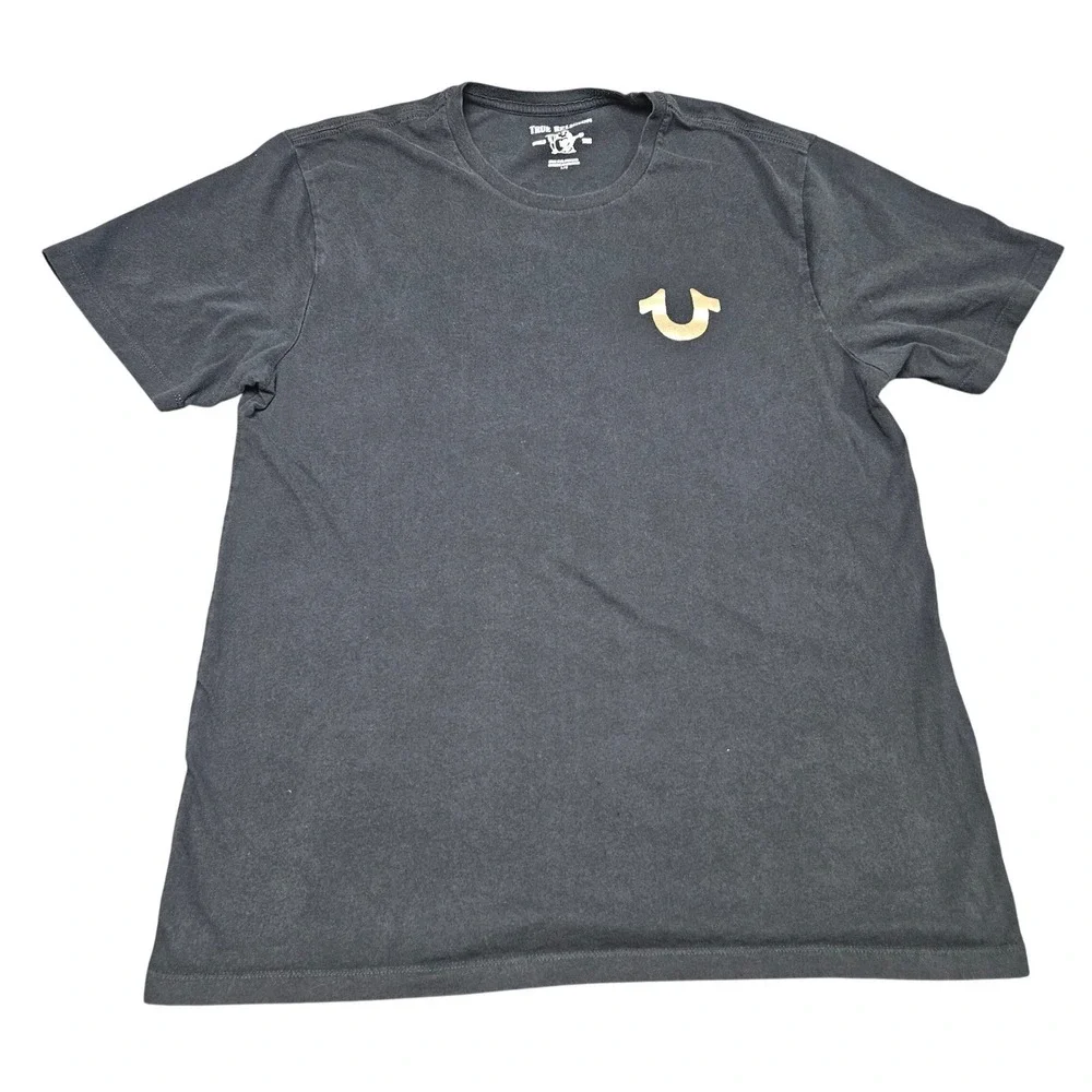 True Religion TShirt Mens Large Black Gold Buddha Guitar Logo Streetwear Y2K